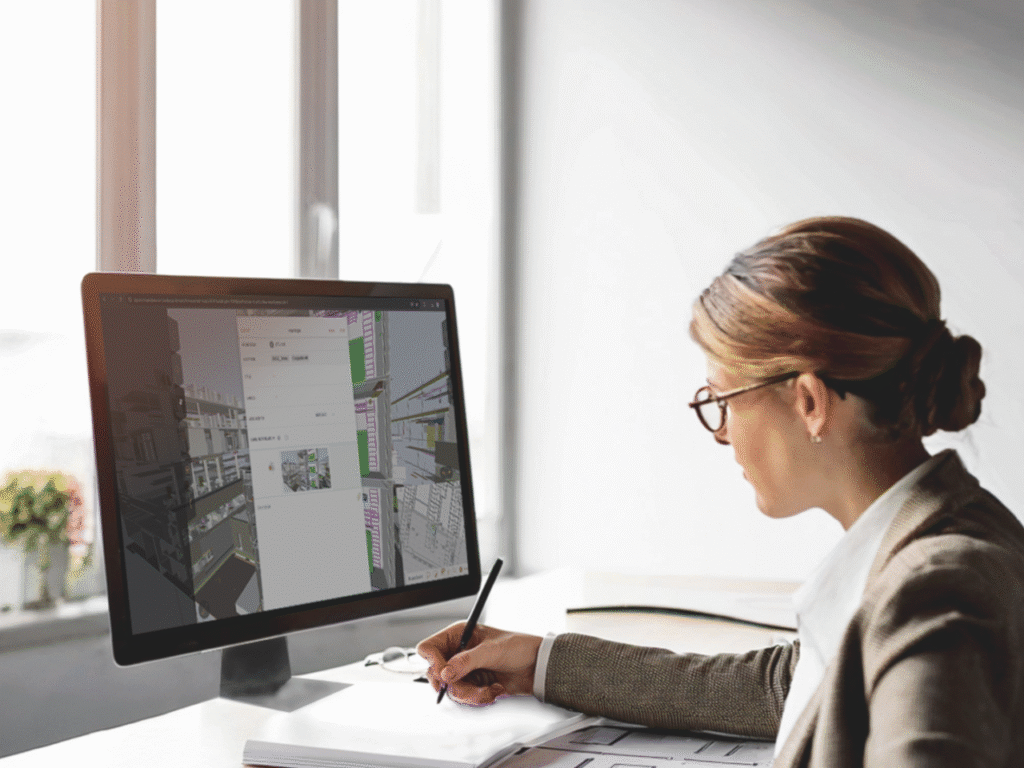 An architect sitting at a desk, working in StreamBIM