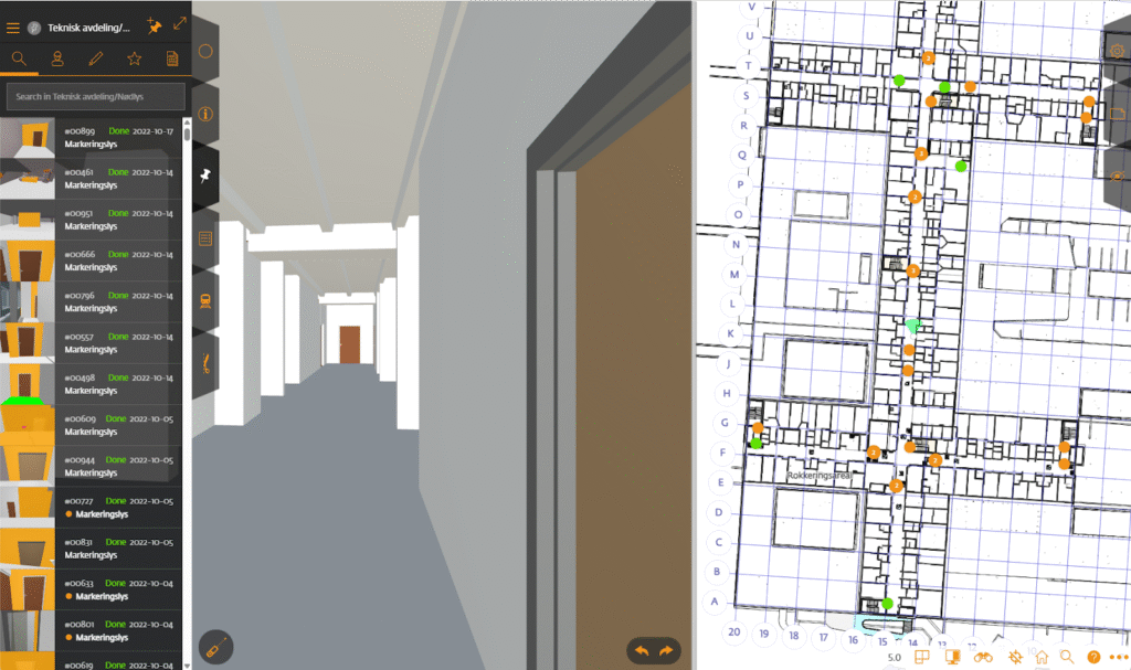 Capturing assets like emergency lighting gives a location to the relevant components in the model. Simply by walking around the building capturing photos of the assets. 2D view of the model on the right hand side.